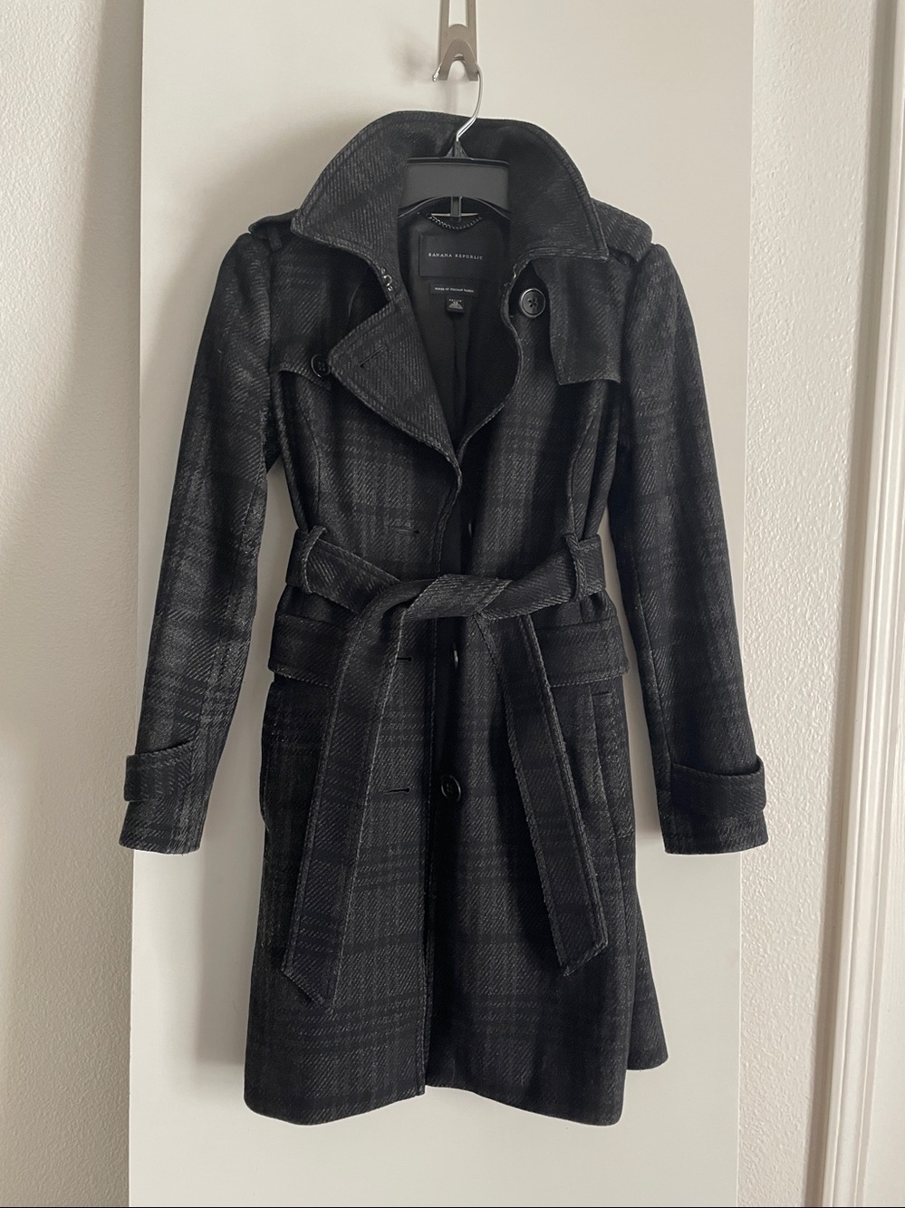 Banana Republic 80% Wool Trench Coat Jacket Grey/Black Plaid Lined